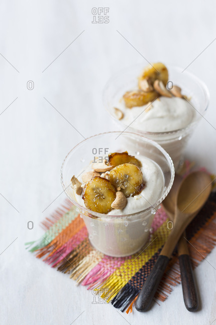 Close-up of puddings served on table