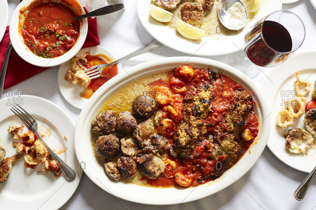 High angle view of food and drink served on table