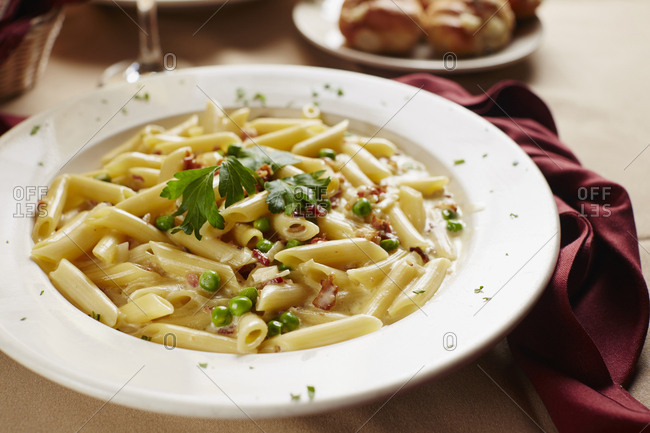 Close-up of cooked pasta served in bowl on table