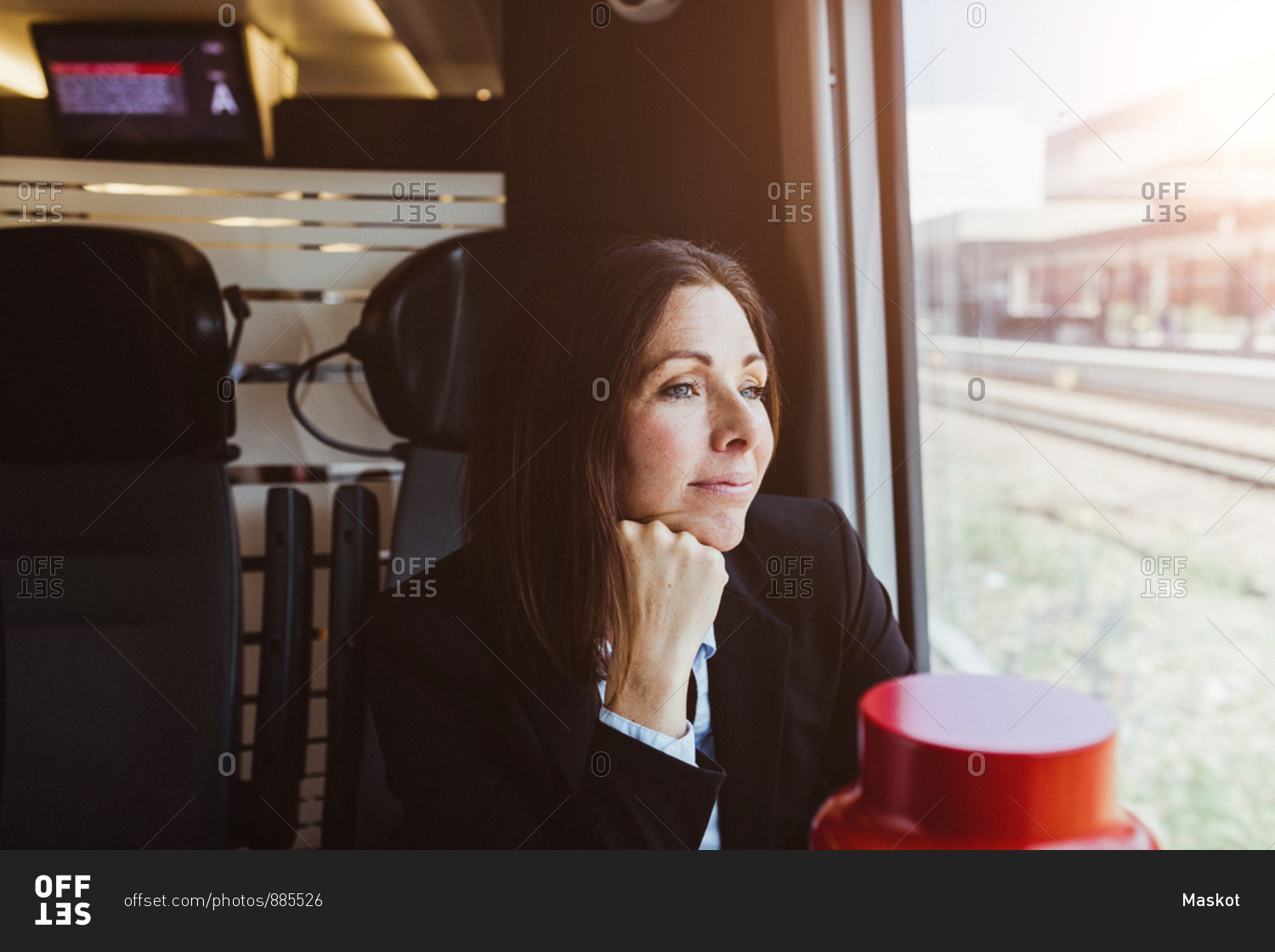Thoughtful businesswoman looking through window while traveling in train