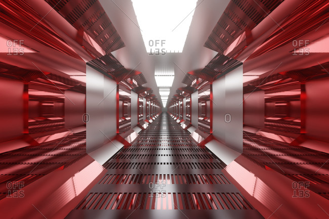 3D rendered illustration of bright illuminated gangway of sci-fi spaceship