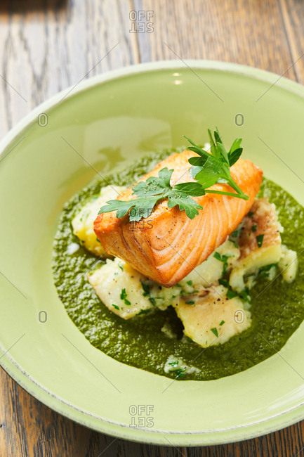 Gourmet salmon dish with pesto