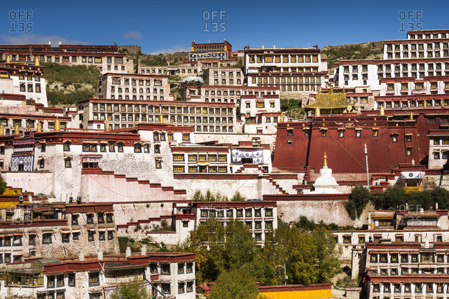 Wide angle view of Ganden Monastery in Tibet