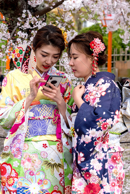 Kyoto, Japan - April, 11. 2019: Young Japanese women dressed in colorful kimonos using cellphone.