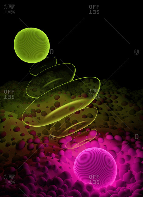 Entangled photons interacting with matter, illustration.