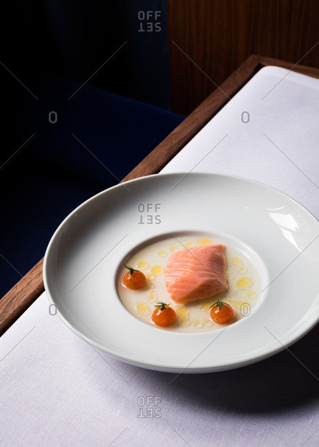 Gourmet seafood dish on table in a restaurant