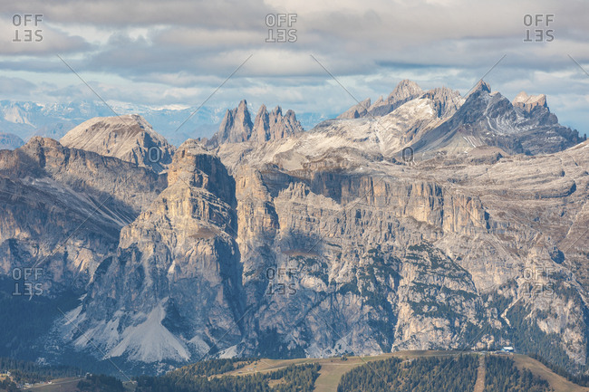 Scenic view of Piz Boe and Sassolungo mountains seen from Lagazuoi- Italy