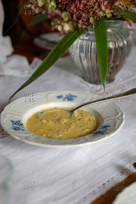 Bowl of soup served in a restaurant