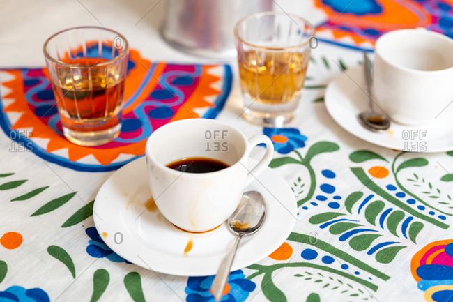 Coffee amaro on a colorful tablecloth