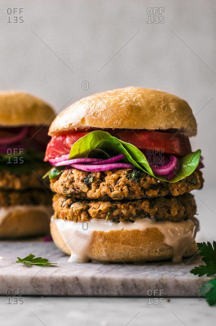 Sweet Potato Chickpea Burgers on a marble background