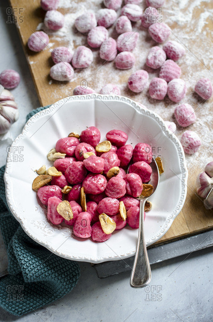 Cooked Beetroot Gnocchi in a bowl