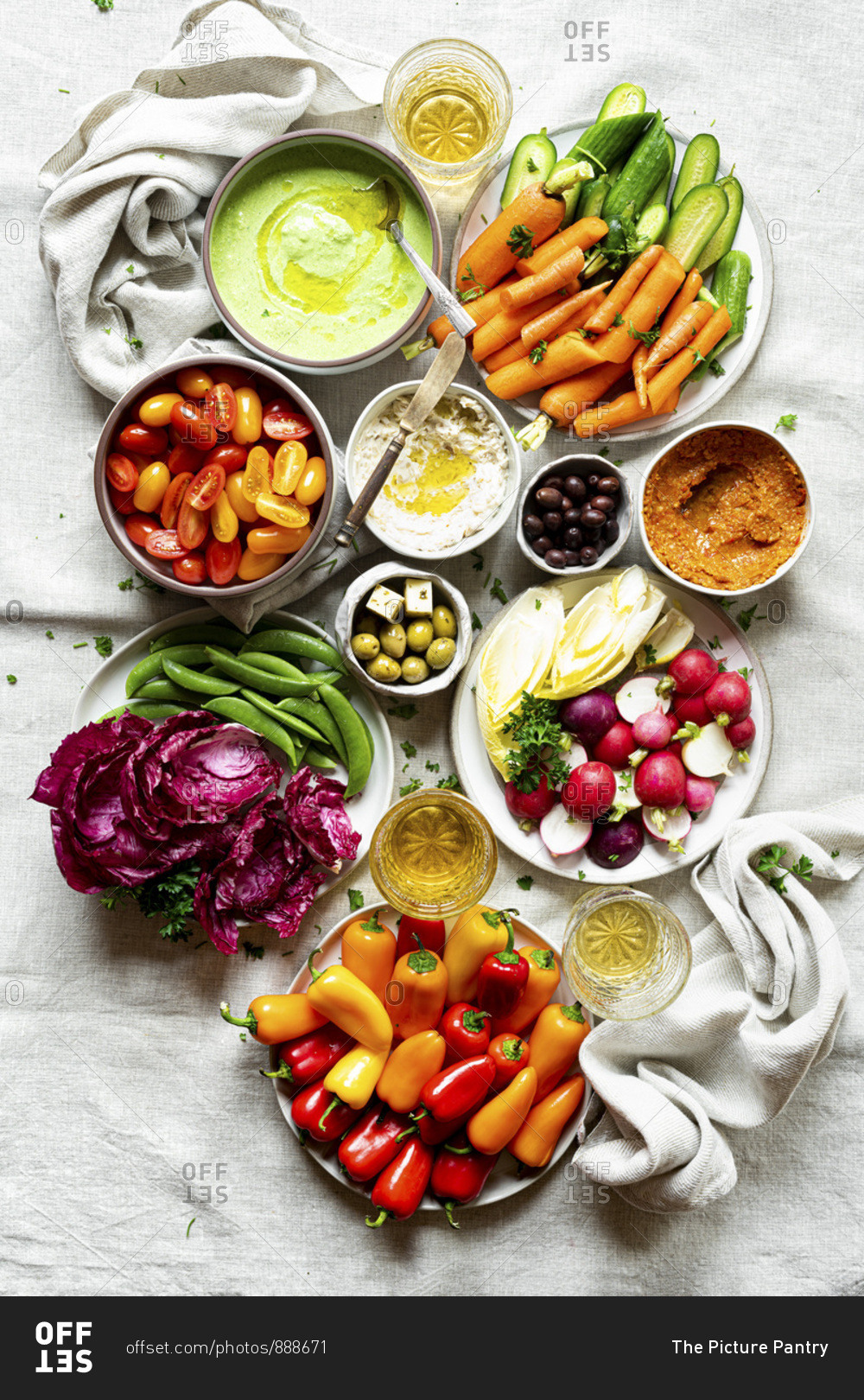 Assorted Raw Vegetable Appetizer Platter with three dips stock photo ...