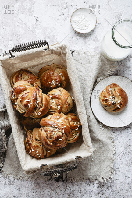 Swedish breakfast set with a bunch of cardamom cinnamon buns