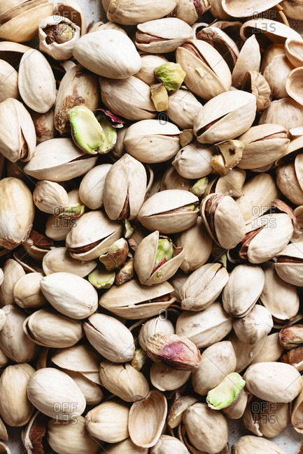 Raw opened pistachios in group