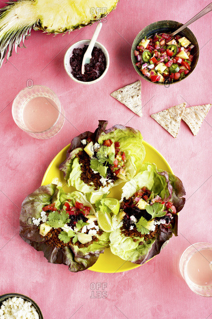 Vegan Taco Lettuce Wraps served with Pineapple Salsa