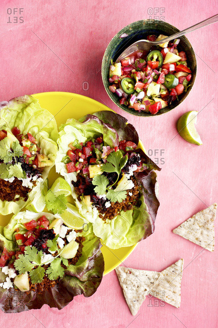 Vegan Taco Lettuce Wraps served with Pineapple Salsa