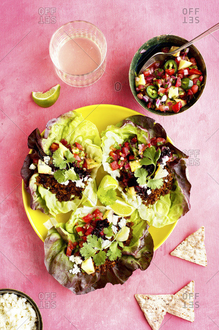 Vegan Taco Lettuce Wraps served with Pineapple Salsa