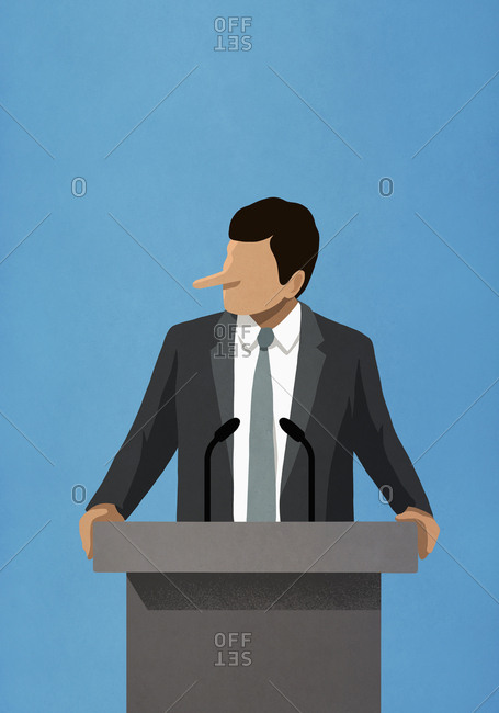 Lying politician with long nose speaking at podium