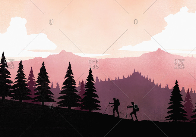 Silhouette backpackers with hiking poles ascending mountain slope
