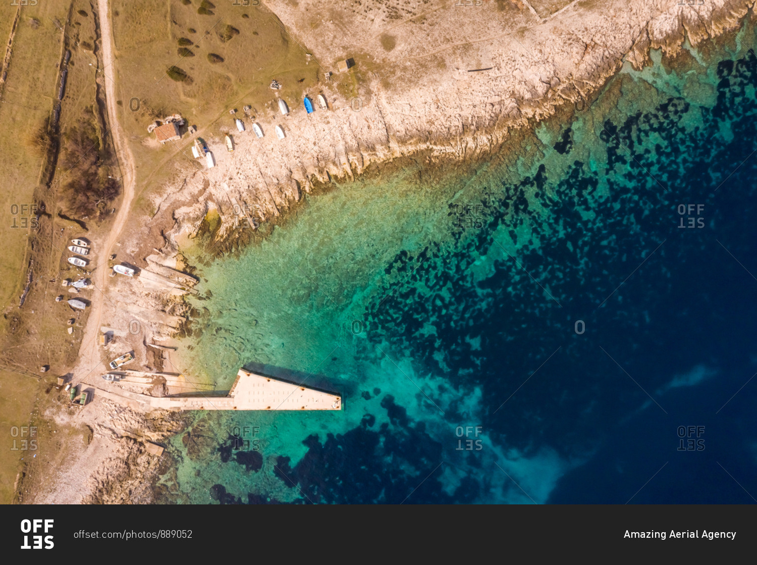 Aerial view of boat pier at Otok Vele Srakane island, Croatia.