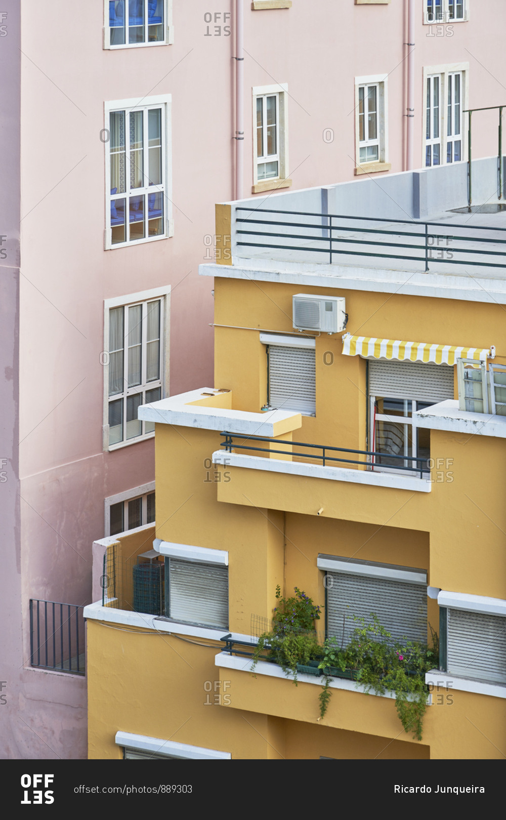Facades of yellow and pink buildings, Lisbon, Portugal