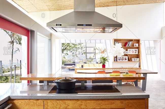Costa Rica, Central America - July 31, 2019: Interior of open concept home with large kitchen island