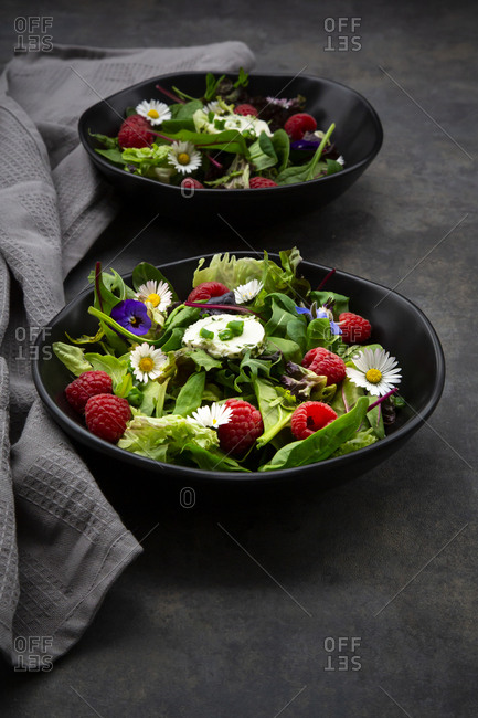 Bowl of fresh salad with arugula- spinach- chard- oak leaf- lollo rosso lettuce- corn salad- raspberries- cream cheese- chive and edible flowers