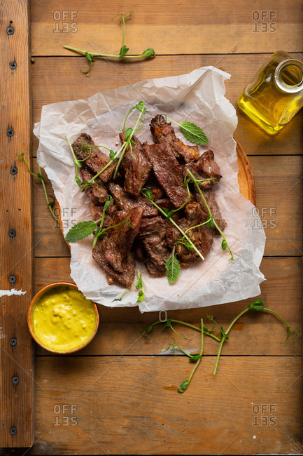 Cooked beef steak slices