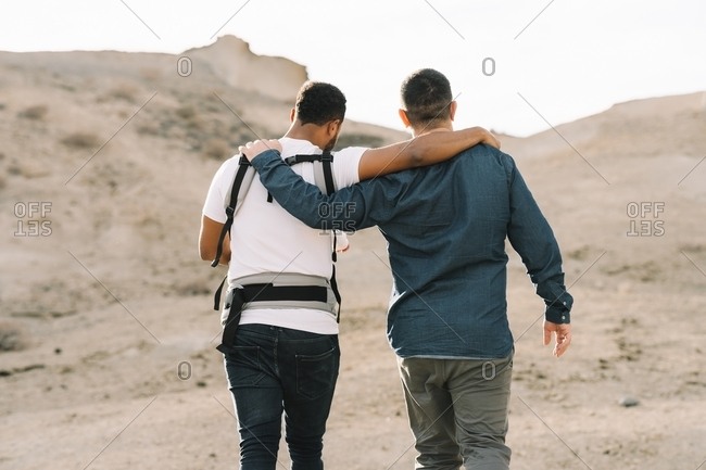 Back view of cropped black casual man holding on shoulder anonymous male boyfriend and holding little calm baby in grey carrier while strolling on nature at daytime