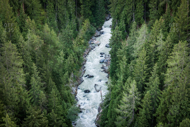 From above fast foamy river mountain stream rushing through dozens of evergreen forests in Switzerland