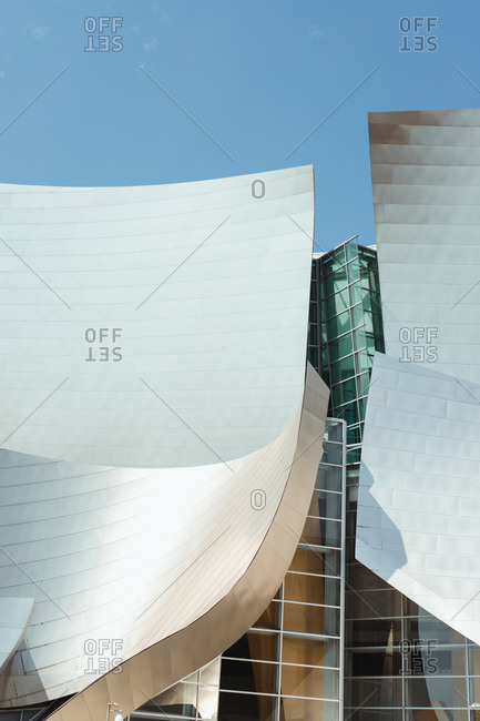 August 2, 2018: Shiny metal geometrical roof of building in bright day in Los Angeles