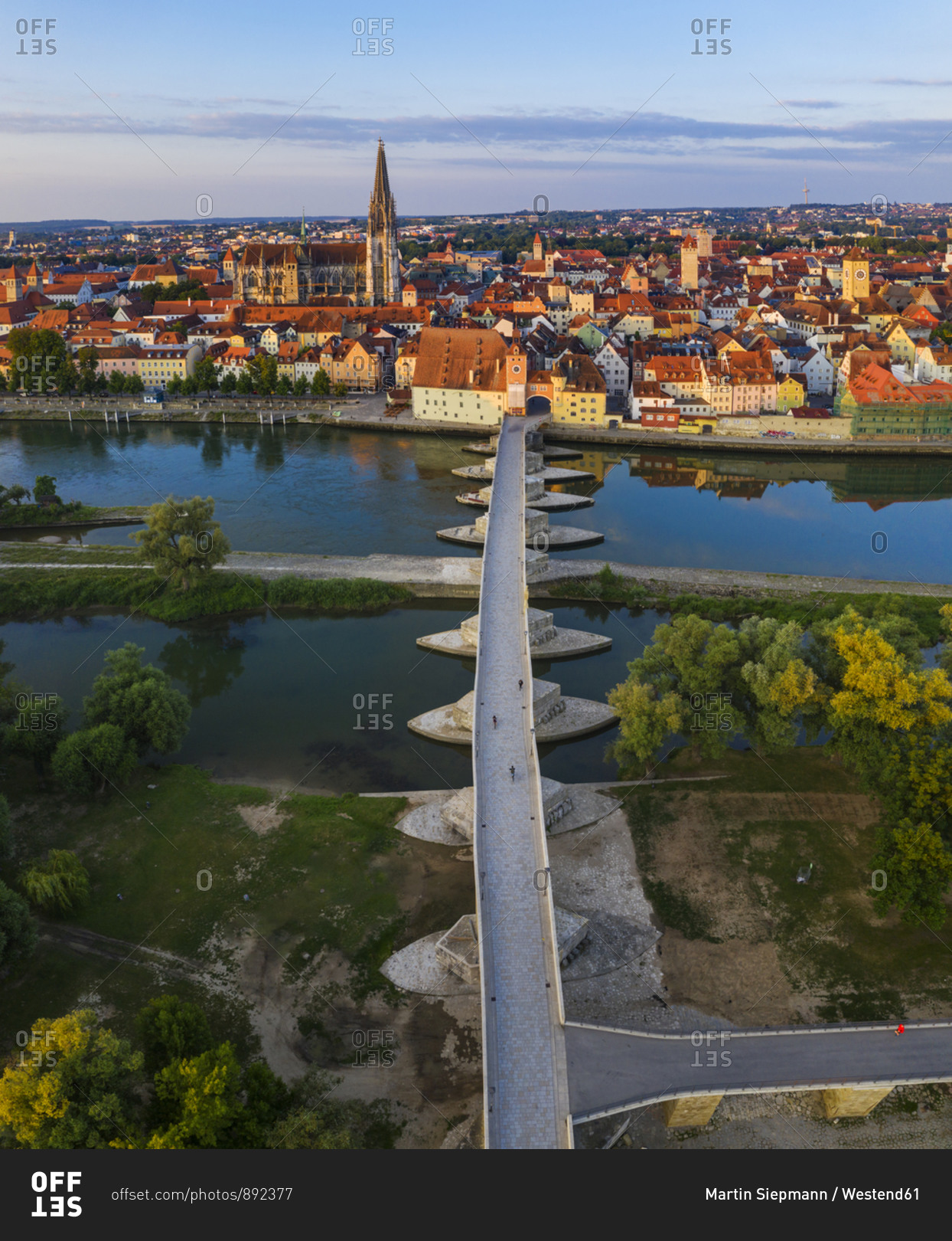 Aerial view of Stone Bridge over Danube River in Regensburg- Bavaria- Germany