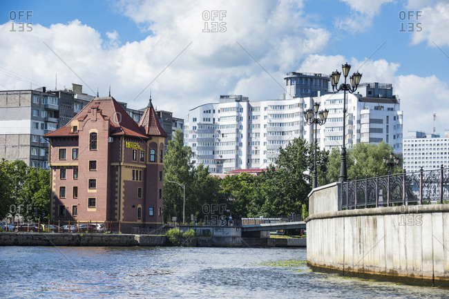 June 18, 2019: Fishing Village by Pregel river against sky- Kaliningrad- Russia