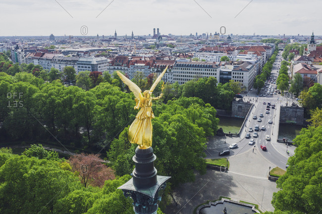 Germany- Bavaria- Munich- Aerial view of gold colored Angel of Peace monument
