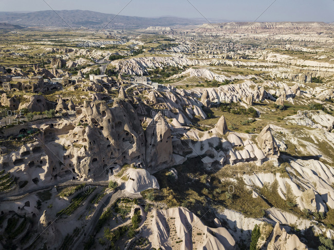 Aerial view of Uchisar castle and landscape at Cappadocia- Turkey
