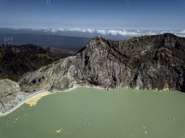 Indonesia- Java- Aerial view of green sulphuric lake of Ijen volcano
