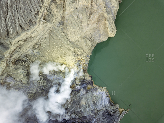 Indonesia- Java- Aerial view of green sulphuric lake of Ijen volcano
