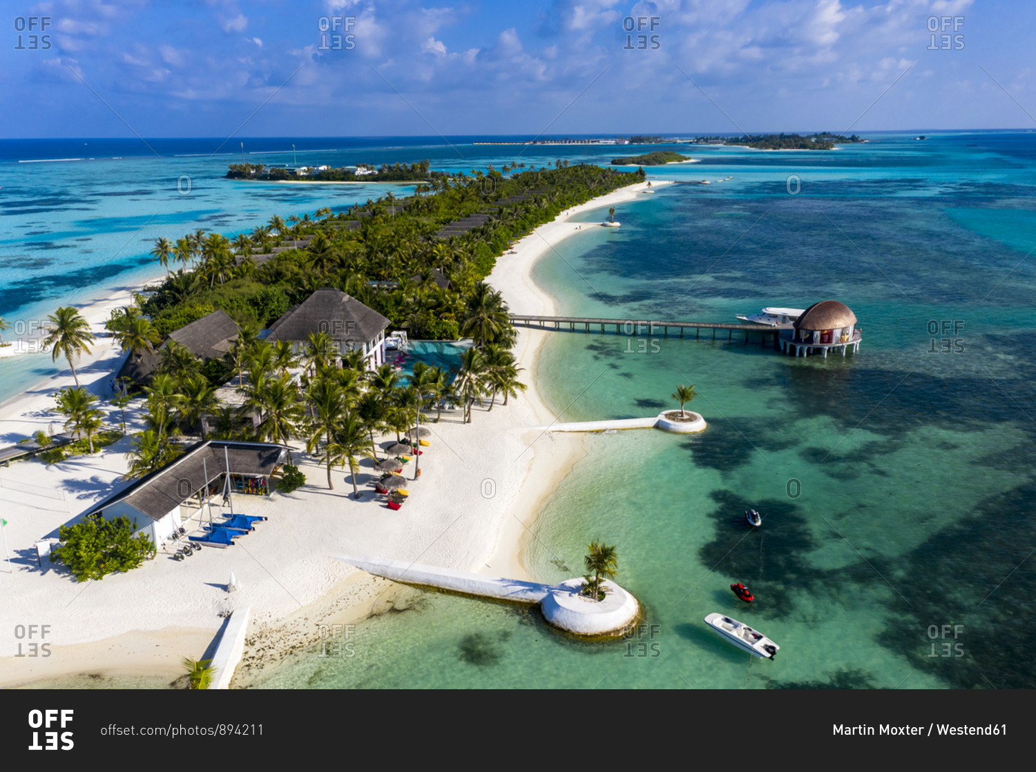 Maldives- South Male Atoll- Aerial view of resort on Maadhoo