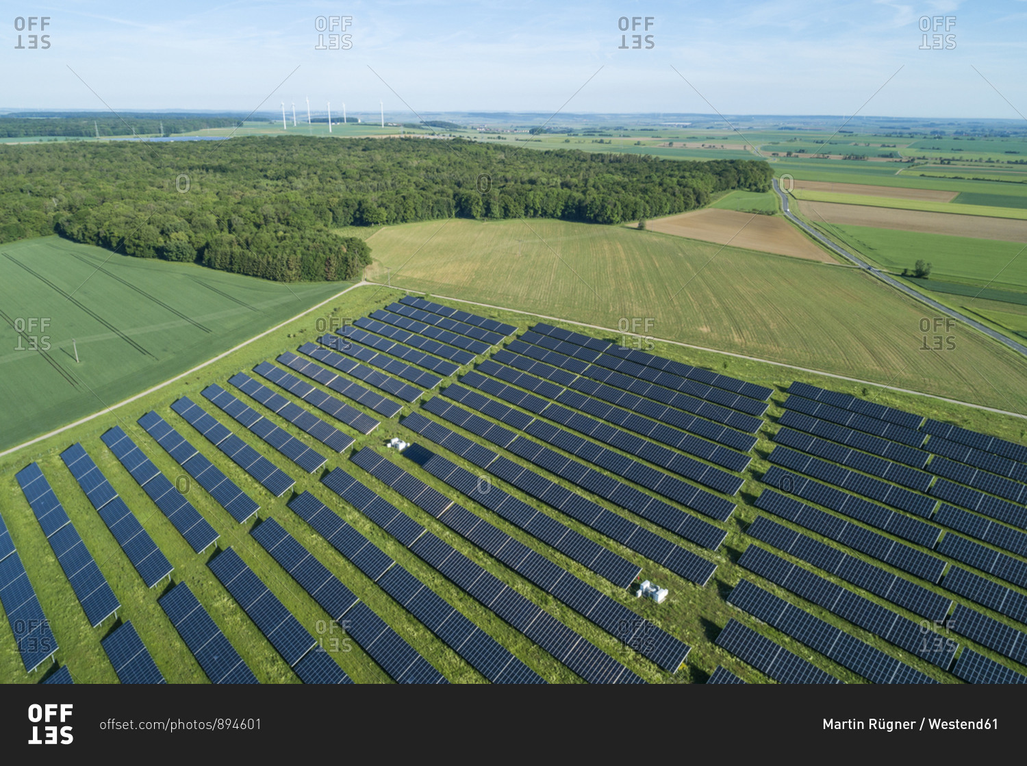 Germany- Bavaria- Aerial view of countryside solar farm in spring