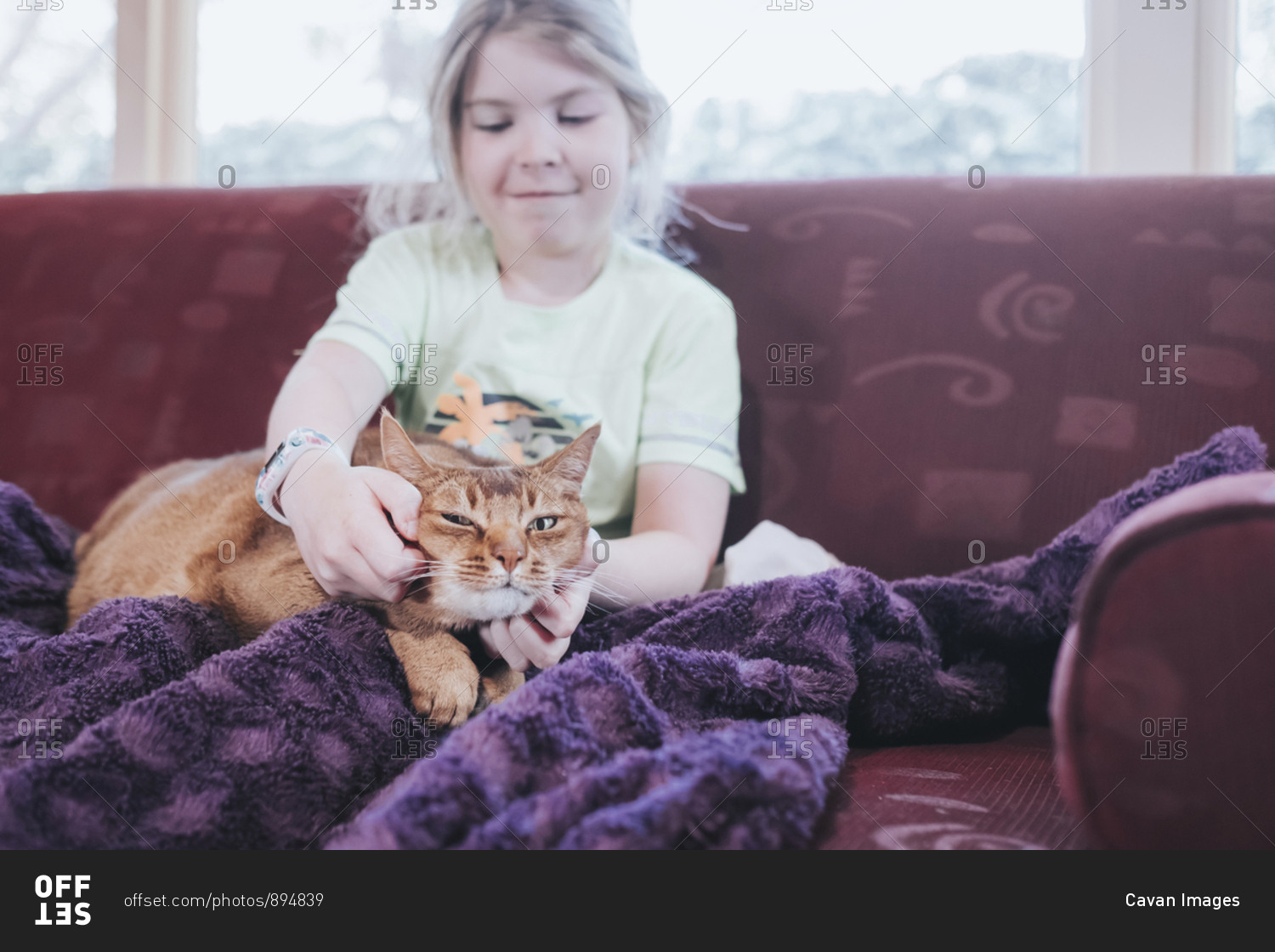 Young girl patting her cat indoors sitting on a sofa