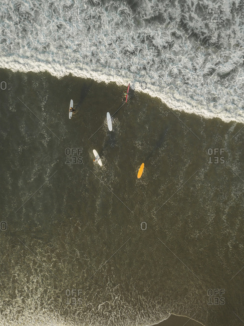 Aerial view of surfers at the beach