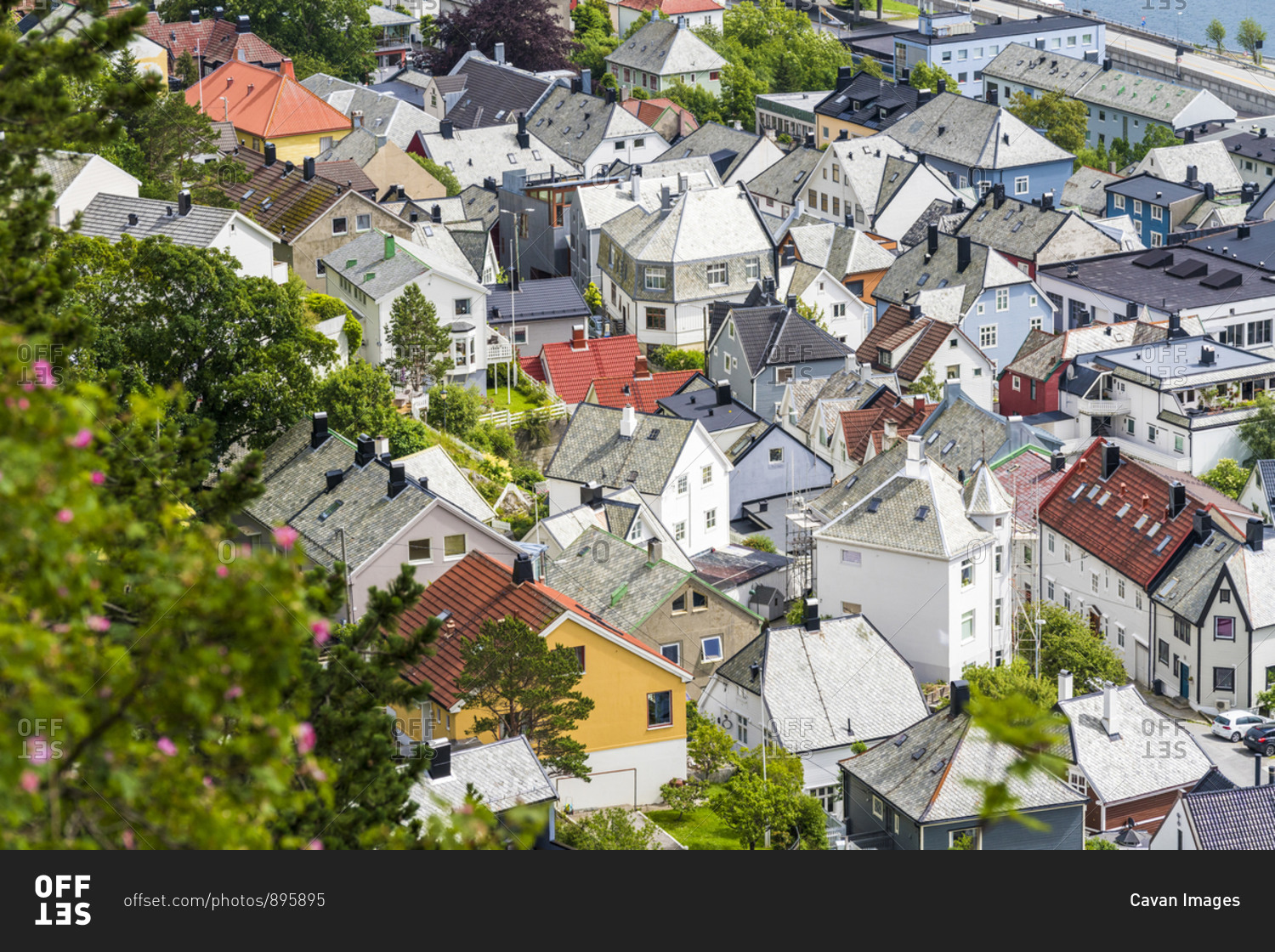 Roofs of art Nouveau buildings from above, Alesund, Norway
