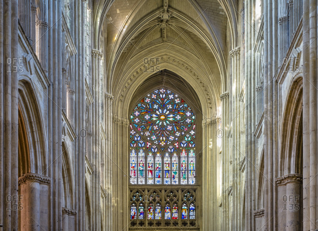 France, Centre-Val de Loire, Tours - March 6, 2014: Cathedrale Saint-Gatien cathedral stained-glass windows, Tours, France