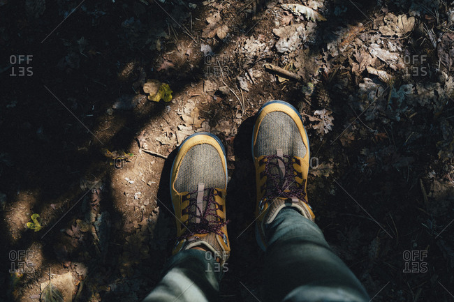 Hiking boots in autumn on a path with leaves