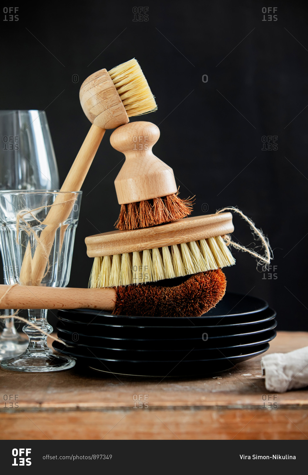 Eco-friendly wooden brushes for washing dishes and a plates