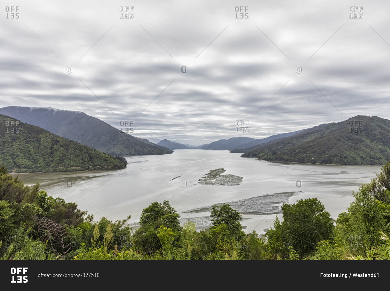 New Zealand- Marlborough Region- Havelock- Clouds over Pelorus Sound seen from Cullen Point lookout