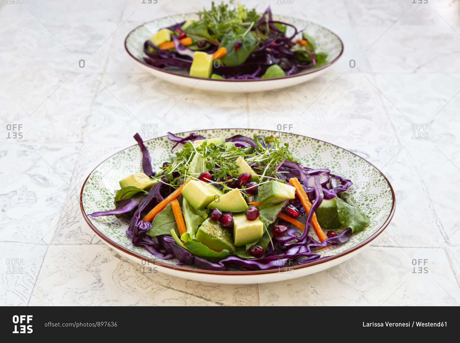 Salad with red cabbage- carrots- lettuce leaves- avocado- pomegranate seeds and cress