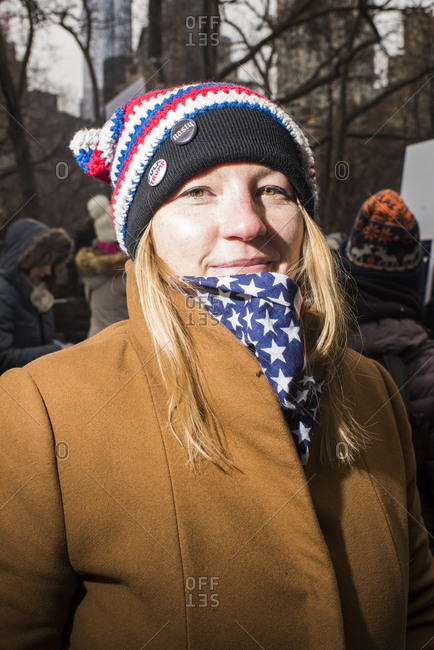 Manhattan, New York, USA - January 18, 2020: Portrait of woman at the Women's March, New York City