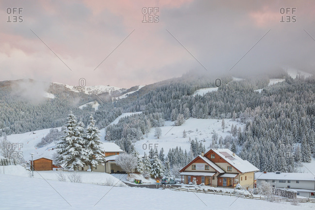 March 18, 2019: The snowy village of Bad Kleinkirchheim at sunset, Carinthia, Austria, Europe
