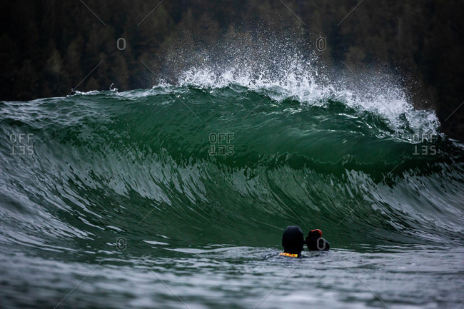 Surfer looking at cresting wave off the coast of Tofino